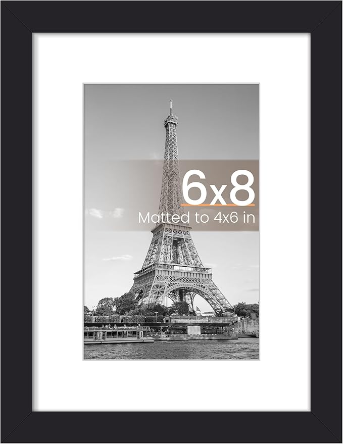 upsimples 6x8 Picture Frame, Display Pictures 3.5x5.5 with Mat or 6x8 Without Mat, Wall Hanging Photo Frame, Black, 1 Pack