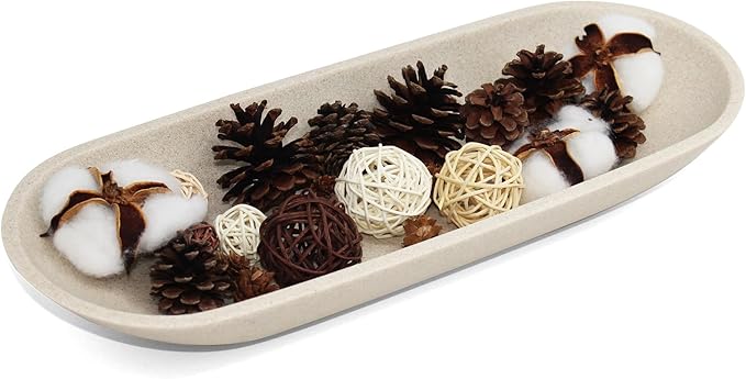 Long Decorative Bowl for Centerpiece, Dough Bowl for home decor 16" Beige | Minimalist Design Dough Bowl Decor for Coffee Table and Dining Table Centerpiece. Clutter Organizer with Anti-Slip Base