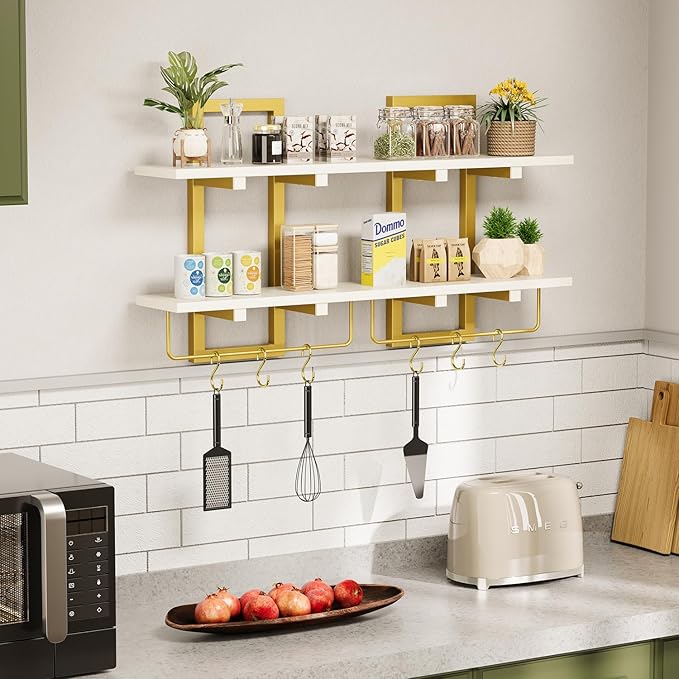 Creso hom Floating Shelves, 15" Wall Shelf Set of 2, Hanging Bathroom Shelves 2-Tier, Wall Mounted Storage Shelves, for Living Room Bedroom Bathroom Kitchen Office Coffee Bar, White and Gold