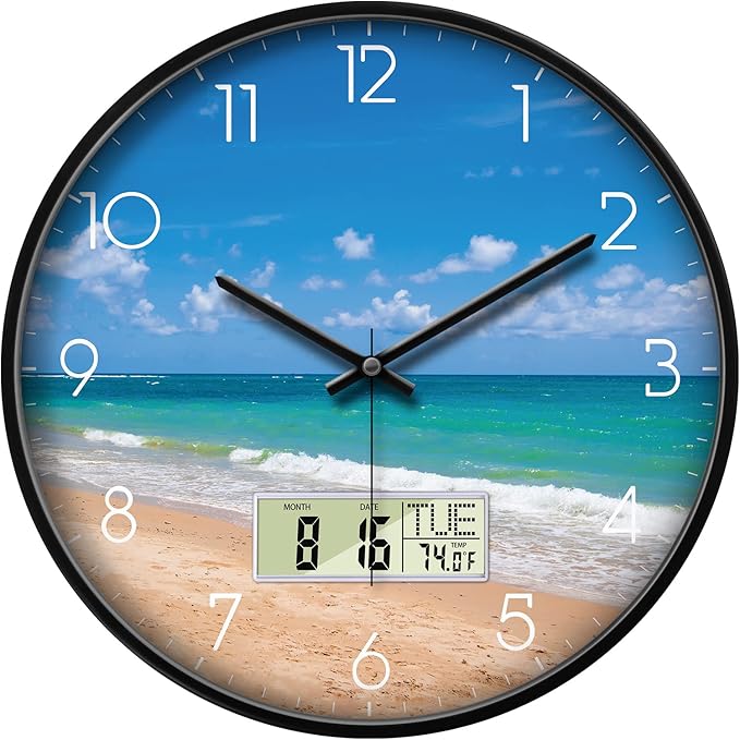 14 Inch Blue Ocean Beach Wall Clock, Silent Non-Ticking Battery Operated Analog Clock with LCD Calendar & Temperature Display, Modern Wall Clock for Home, Office, Beach House, Hotel Decor
