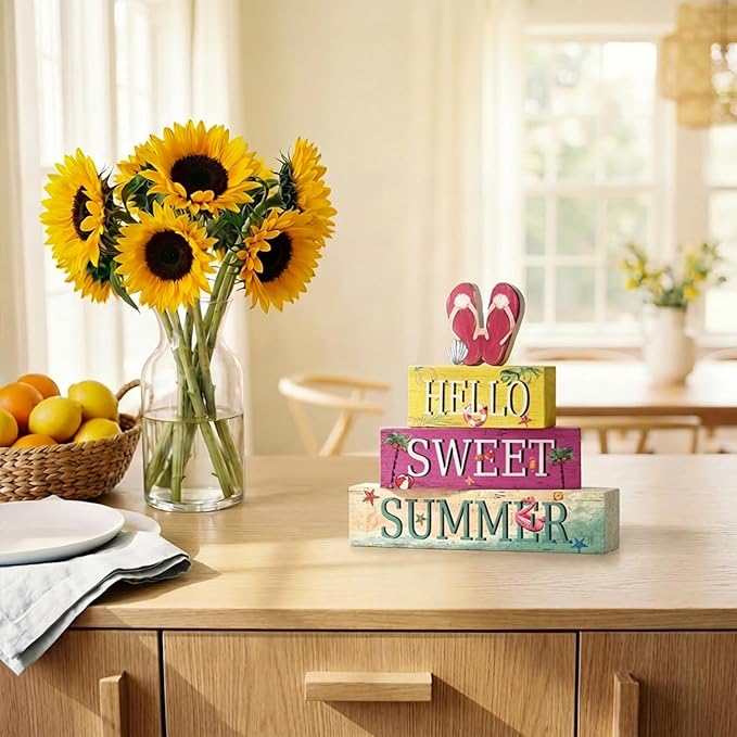 Smile 4 Pcs Summer Indoor Wooden Decor, Beach Flip Flop Hello Sweet Summer Tiered Tray Farmhouse Table Decoration for Home and Office