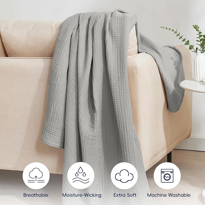 PHF 100% Cotton Muslin Blanket Twin XL Size 66"x90", 4-Layer Lightweight Gauze Throw, Breathable Cloud-Soft Minimalist Blanket for Bed, Couch, Camping & Baby, Light Grey, Ideal Gift