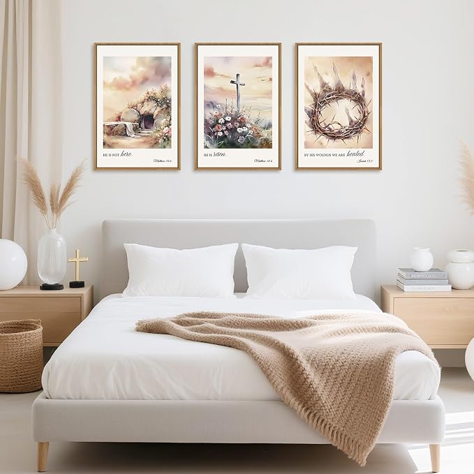Vintage Christian Cross Framed Wall Art Set, Jesus Empty Tomb Canvas Wall Decor, Religious Bible Painting, Jesus Crucifixion Risen Easter Artwork for Living Room, Bedroom, Church -16''X24''X3