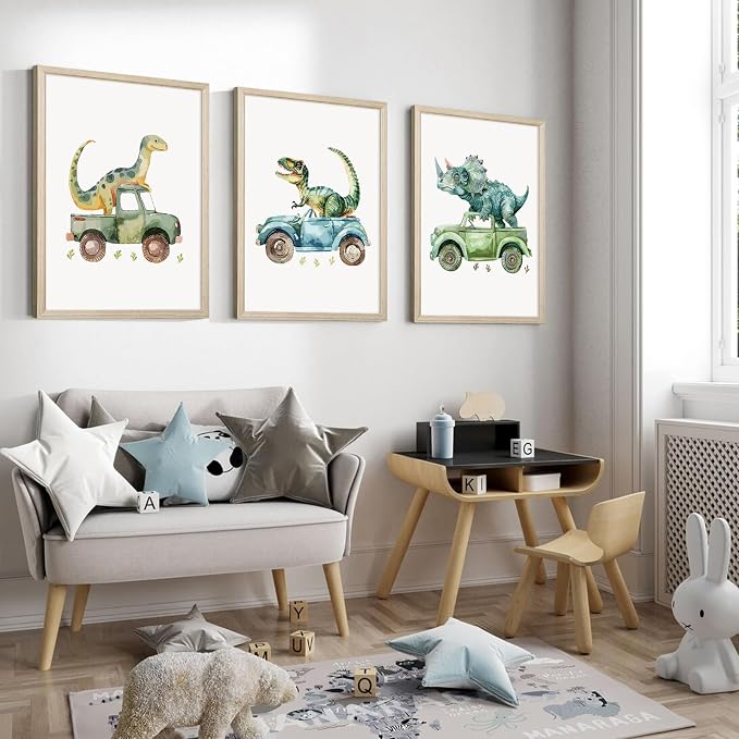 Dinosaur Nursery Wall Art Kids Canvas Poster Baby Boy Nursery Wall Decor Green Dino Pictures Toddler Prints Cartoon Dino Car Painting Boys Room Artwork for Bedroom Bathroom 12x16x3 Inch White Framed