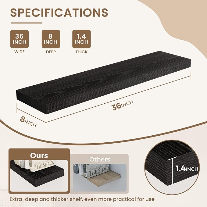 Dreamland 36 Inches Floating Shelves for Wall, 8" Deep Long Floating Shelves Set of 2, Large Display & Storage Shelf, Wall Shelf for Bathroom Bedroom Living Room Kitchen Office, Black