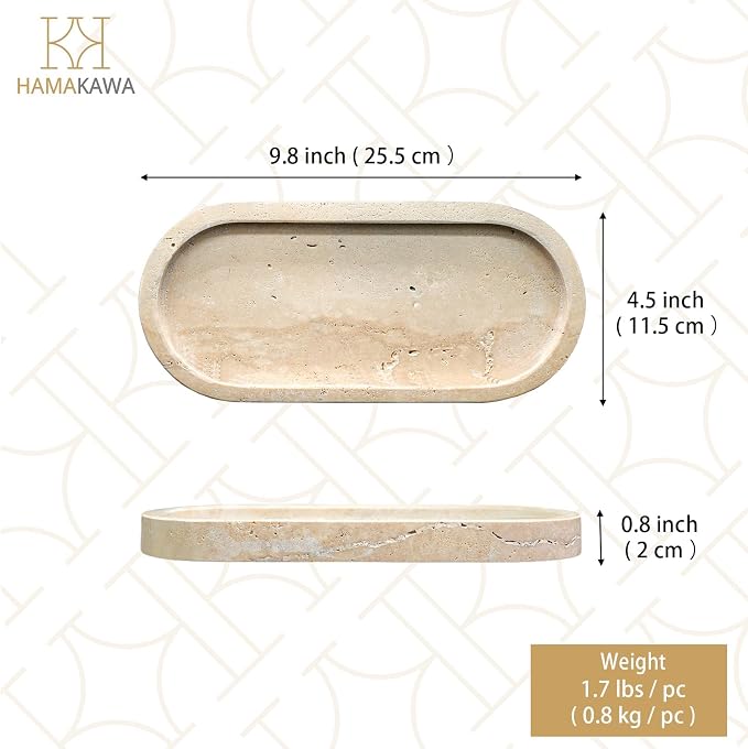 Turkish Natural Marble Vanity Tray, Oval Bathroom Tray 10 inch, Beige Travertine Perfume Trays, Vanity Organizer for Soap, Kitchen, Home Decor