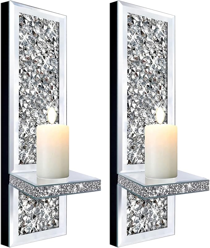 ZOLAPI Set of 2 Crystal Crush Diamond Candle Sconces, Gorgeous Silver Mirrored Wall Sconce, Candle Holder Glass Wall Decorations for Home Décor, Living Room, Dining Room.