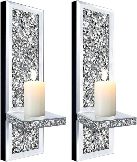 ZOLAPI Set of 2 Crystal Crush Diamond Candle Sconces, Gorgeous Silver Mirrored Wall Sconce, Candle Holder Glass Wall Decorations for Home Décor, Living Room, Dining Room.