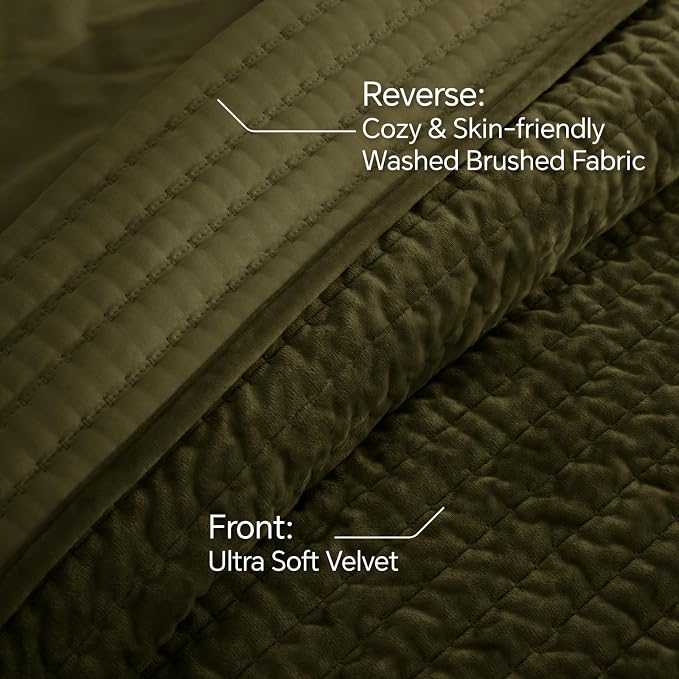 BEDELITE Velvet Quilt Set King Size - Luxury Soft Velvet Comforter Bedding Set for All Season, Lightweight Quilted Channel Stitch Oversized Bedspread Coverlet with 2 Matching Shams, Olive Green