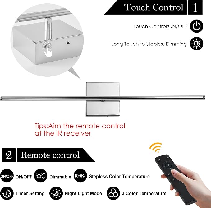 KARTOOSH Removable Battery Operated Wall Sconces with Remote Control, Stepless Colors 3000K-6000K & Dimming, 350°Rotate, LED Chrome Wireless Wall Light for Living Room, Bedroom, 28.3 Inch (2 Pack)