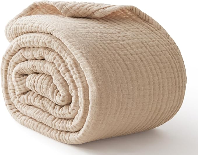 6 Layers Cotton Muslin Blankets Large, Lightweight Cotton Throw, Cooling Soft Throw Blanket for Year-Round Comfort, Breathable Quilt Bedspread, Gauze Weave Bedding for Adults, Oatmeal, Beige Linen