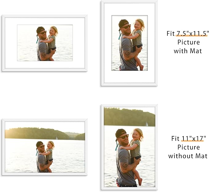 Picrit 11x17 Picture Frame Set of 12, Display 8x12 with Mat or 11x17 without Mat, Photo Frames for Wall Mounting Display, White