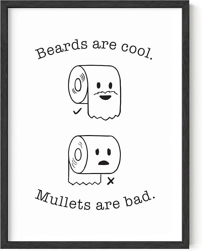 HAUS AND HUES Funny Bathroom Decor – Beard and Mullet Wall Art, Humorous Bathroom Sign, Fun Wall Print for Restroom or Home (12x16, Black Frame)