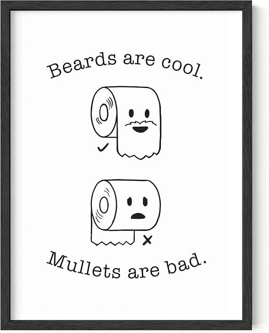 HAUS AND HUES Funny Bathroom Decor – Beard and Mullet Wall Art, Humorous Bathroom Sign, Fun Wall Print for Restroom, Guest Bath, or Home Decor (12x16, Unframed)