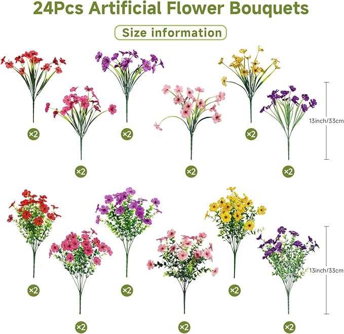 Alupssuc 24 Bundles Artificial Flowers for Outdoors Decoration, UV Resistant Silk Faux Floral Spring Fake Plastic Plants Greenery for Outside Indoor Patio Porch Window Box Home Decor, Mix 6 Colors