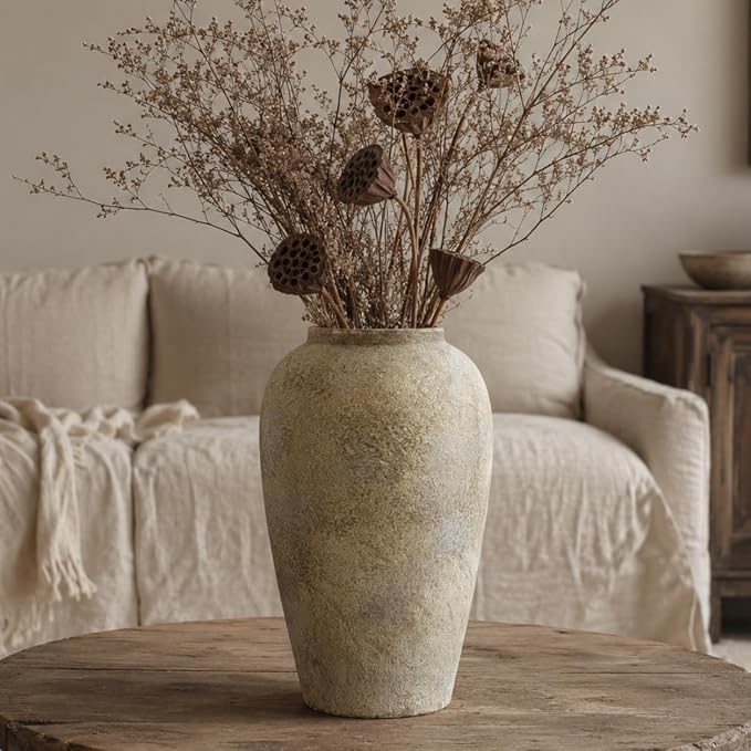 Ceramic Rustic Farmhouse Vase, 12 Inch Beige Flower Vases for Home Decor, Rustic Pottery Vase for Table Centerpieces & Living Room, Farmhouse Ceramic Vases for Entryway & Wedding Gifts