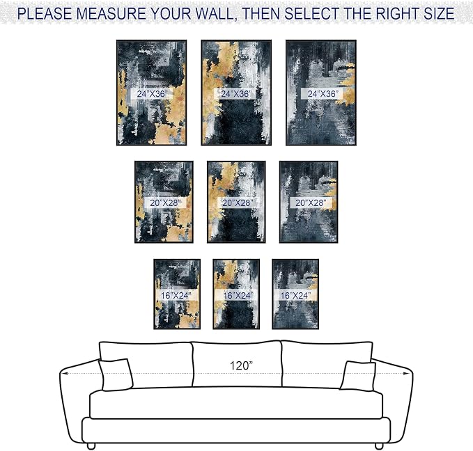 Large Framed Abstract Wall Art - Natural Frame Retro Canvas Pictures for Living Room Modern Canvas Prints Navy Blue for Bedroom, Black Float Frame Art for Home Office Kitchen Decor 24" X 36" X 3pcs