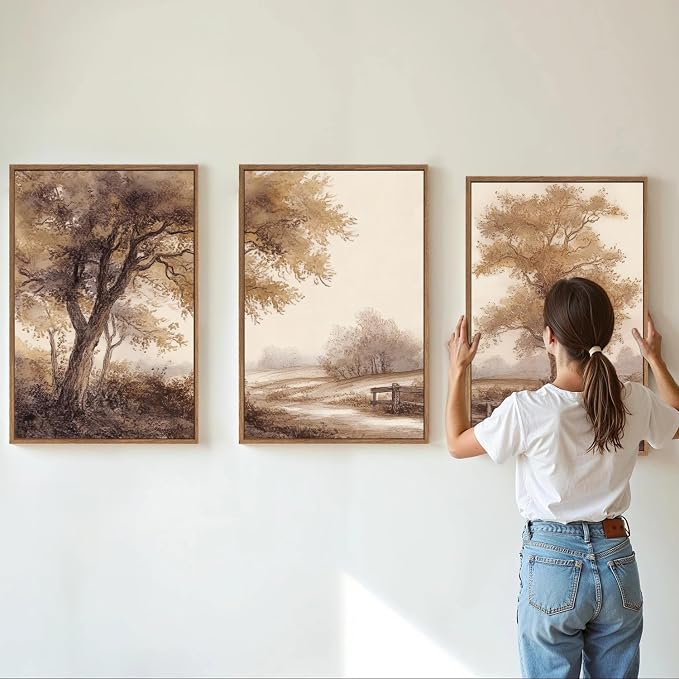 Rantodecor Vintage Landscape Framed Canvas Wall Art Triptych, Rustic Tree Sketch Wall Decor, Large Claming Nature Forest Art Paintings, Modern Relax Farmhouse Artwork for Bedroom Living Room 24"x36"x3