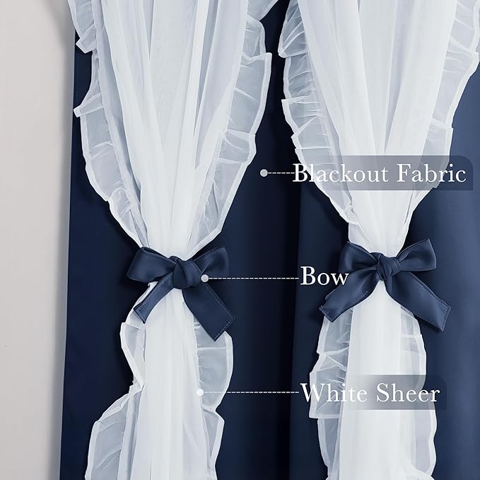 PONY DANCE Blackout Curtains for Living Room Decor Window Treatment Double Layer Drapes Ruffle Sheer Overlay Farmhouse Rustic Design, W 52 x L 84 Inches, Navy Blue, 2 Panels