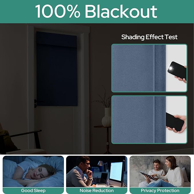 HOMEIDEAS 100% Linen Blackout French Door Curtains, Privacy Door Window Curtains, 26 X 40 Inch Room Darkening Blinds, Thermal Insulated Shades for Bedroom, 1 Panel, Stone Blue
