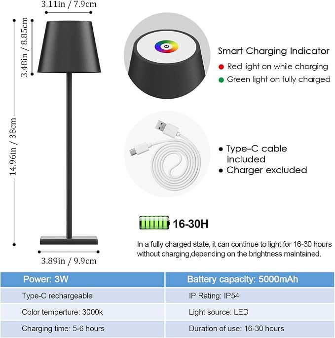 2 Pack LED Cordless Table Lamp with RGB & Stepless Dimming Rechargeable Battery Desk lamp 5000mAh Battery Operated with Modern Portable Table Light for Indoor/Outdoor IP54 Waterproof (Black)