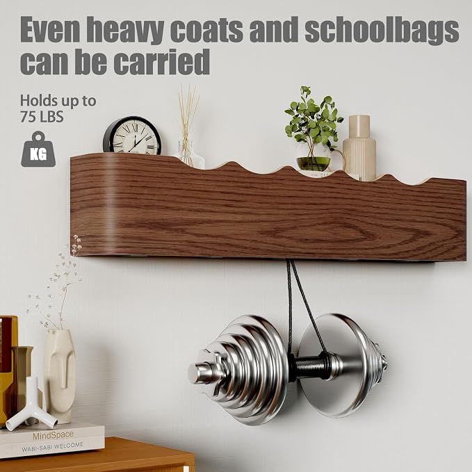 Coat Rack Wall Mount with Shelf 8 Hidden Hooks Modern Wooden Key Holder Entryway Organizer for Hallway Bedroom Bathroom Home Decor Storage for Hanging Coats Hats Bags Towels, Wave-Shape Black