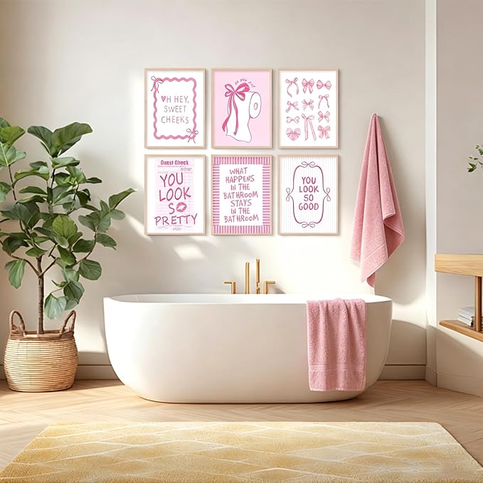 Pink Bow Bathroom Wall Art Decor Girl Coquette Posters Preppy Cute Pictures | Girly Bathroom Canvas Wall Art Pink Bowknot Aesthetic Poster Toilet Paper Prints for Washroom Restroom 8x10x6 Inch Unframed