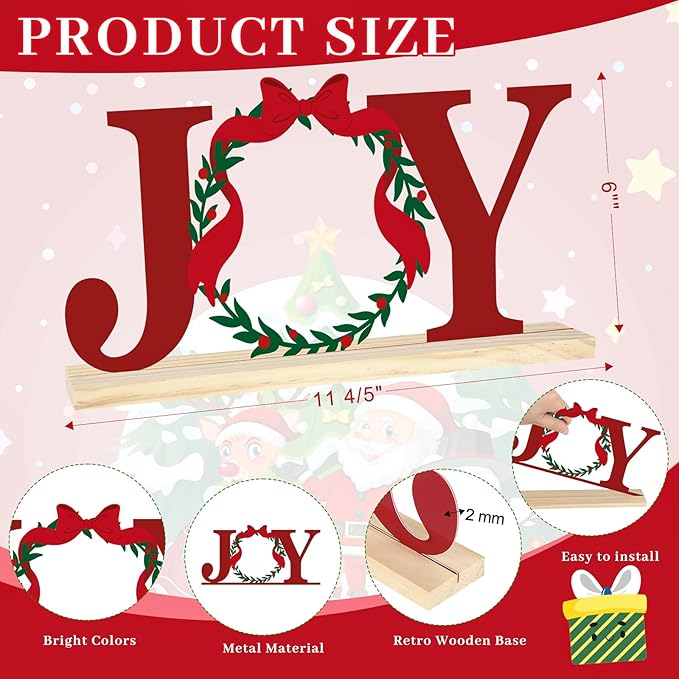 COCHIE Metal Merry Christmas Joy Sign, Christmas Wreath Table Centerpieces Decorations for Home, Office, Shelf, Mantel, Indoor, Xmas Red and Green Party Decor Supplies (XMAS B)