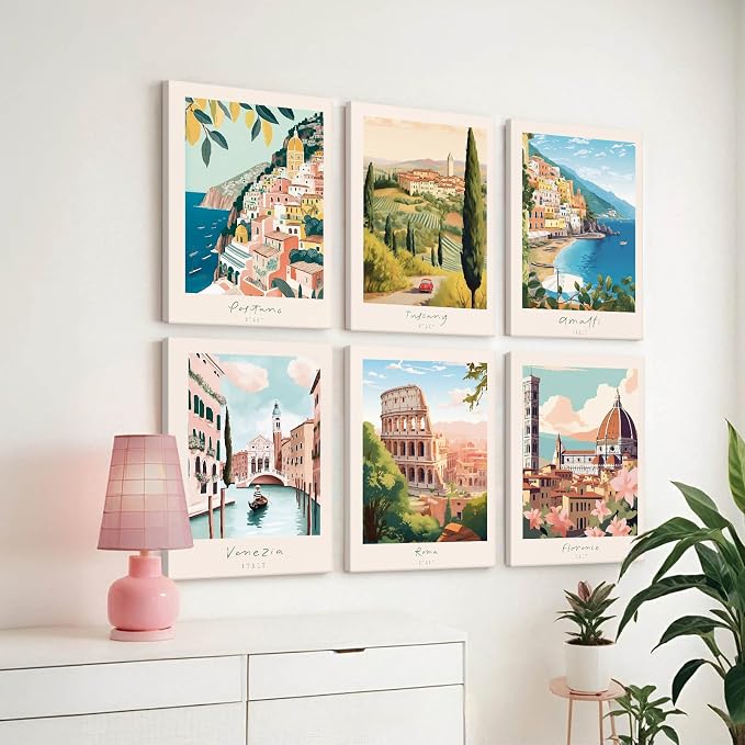 Tocliky Italian Italy Wall Art Decor Amalfi Coast Travel Poster Italy City Canvas Wall Art Vintage Landscape Beach Painting Artwork Modern for Bedroom Living Room 12x16 Prints Wrapped Canvas Set of 6