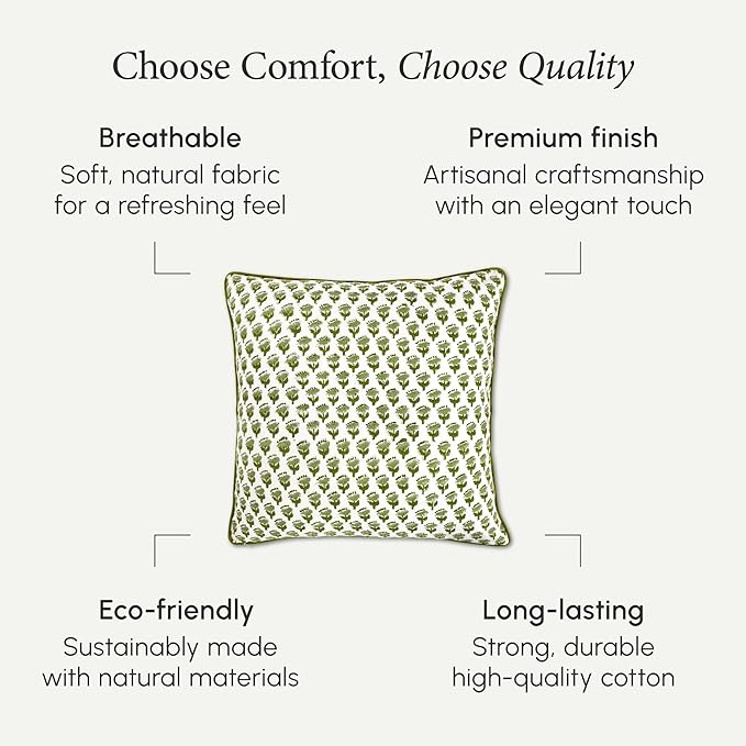CPC 100% Cotton Throw Pillow Covers 24x24 Inch, Set of 2 Green Block Print Pattern Couch Pillow, Cute Boho Decorative Pillows for Living Room, Bedroom with Hidden Zipper- Emerald Green