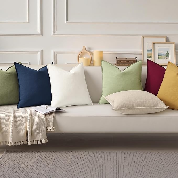 decorUhome Summer Decorative Linen Euro Sham Throw Pillow Covers 22x22 Inch Set of 2 Sage Green Pillow Covers with Flange Edges Soft Farmhouse Boho Accent Pillow Cases for Couch Bed Living Room