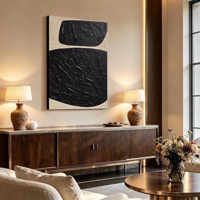 Large Modern Black Abstract Wall Art, Thick‑Texture Oil Painting Wall Decor | 28x40 In Minimalist Hand‑Painted Canvas Artwork for Living Room Bedroom Office, Original Neutral Vertical Wall Art Home Decor