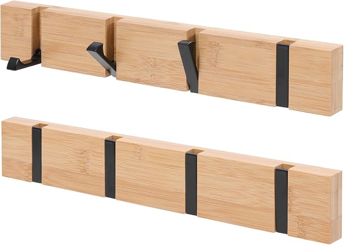 KYSMOTIC Wooden Wall Mounted Folding Coat Rack – Modern, Sleek Space-Saving Hanger for Entryway, Hallway, Living Room, Bedroom, Bathroom – Natural 4 Hooks(2 Pack)