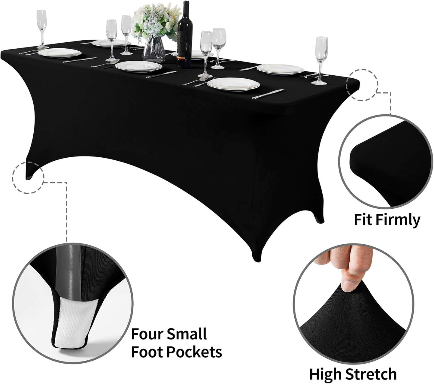 2Pack Spandex Table Cover for 6Ft or 4fT or 8ft Table Universal Fitted Stretch Tablecloth for Party, Banquet, Wedding and Events-Black