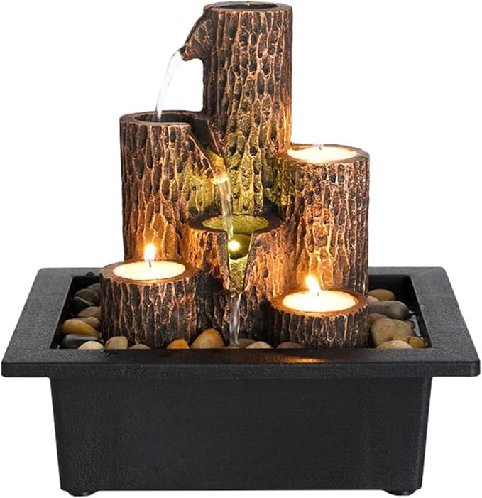 Small Indoor Relaxation Tabletop Fountain, Zen Meditation Waterfall Feature with Color LED Light & Natural Rocks, 4 Level Desk Waterfall for Home Office Bedroom Living Room Decoration (Style 4)