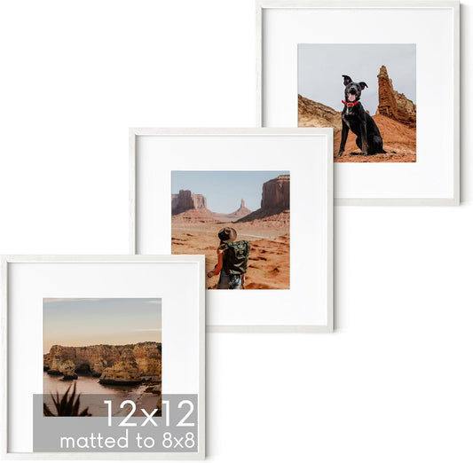 HAUS AND HUES Solid Oak Wood 12”x12” Picture Frames Matted to 8”x8” Set of 3 - Square White Frames 12x12, White Frame with Mat, 12 x 12 Frames, Square Picture Frame 12x12, White Wood Frame