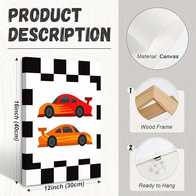 Race Car Wall Art Pictures Boys Room Wall Decor Nursery Toddler Canvas Wall Art Kids Playroom Art Prints Boys Race Car Poster Nursery Artwork Set of 6 for Bedroom 12x16 Inch Framed