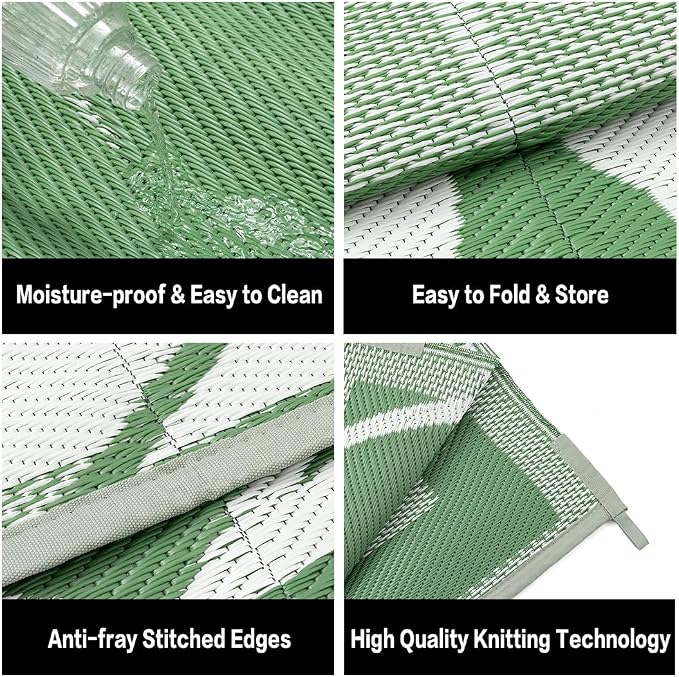 HUGEAR 9'x12' Outdoor Rug Waterproof Plastic Straw Rugs Large Green Reversible Olive Leaf Mat Floor Carpet for Camping RV Deck Entryance Porch Picnic Balcony Beach Backyard