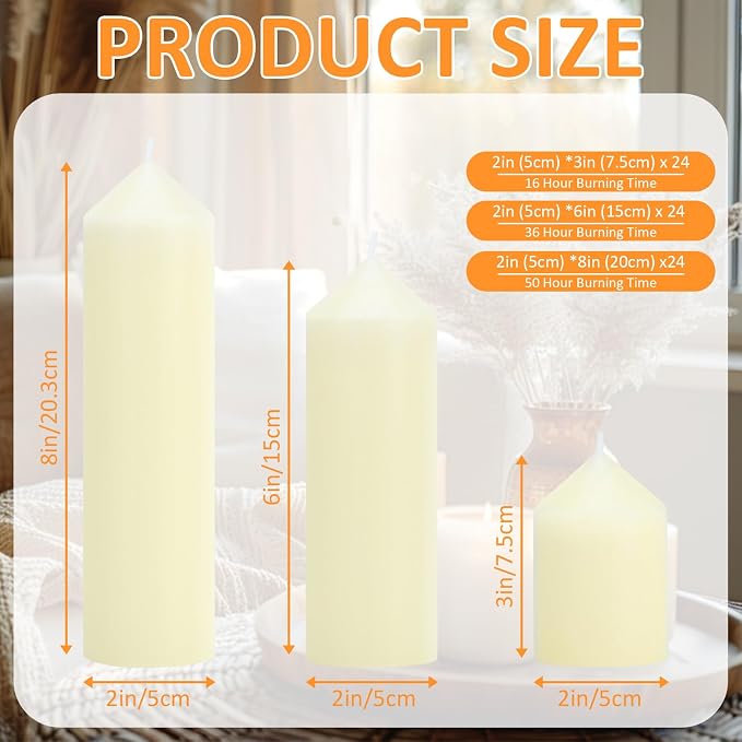 72 Pcs Ivory Pillar Candles Bulk Set，3 Different Lengths 2 x 3/6/8 Inch (24 Each)，Hurricane Candles，Dripless Unscented Smokeless，Gives You a Better Atmosphere When Organizing an Event Party.