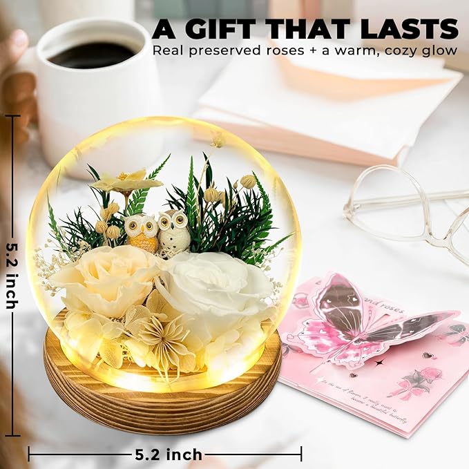 Preserved Flowers Roses Gift for Mom, Wife, Grandma - Forever Real Roses with Owl Decor - Unique Birthday, Mothers Day Gifts for Women - Flower for Delivery
