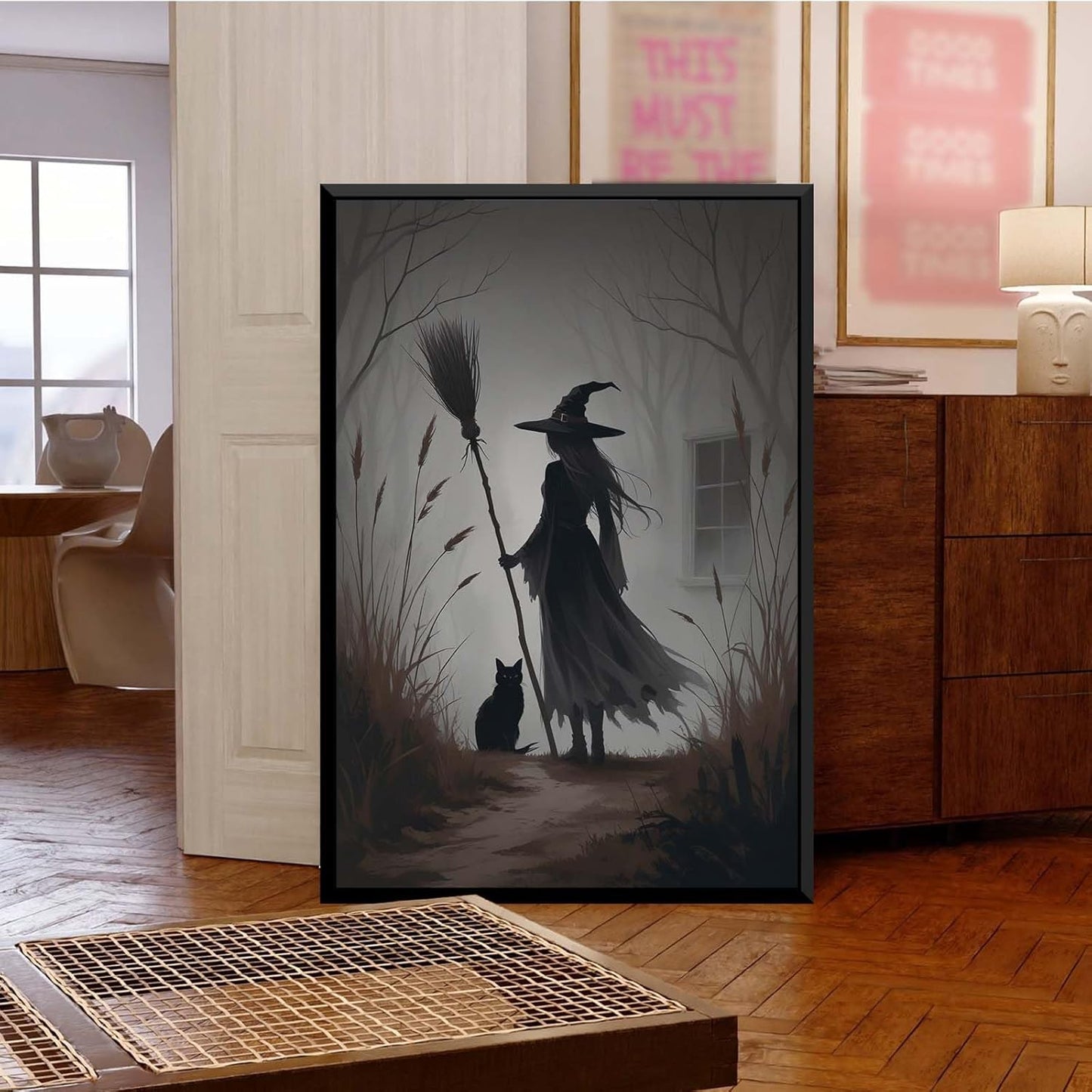 JFHCQJPK Vintage forest witch and black cat poster Halloween mural poster decoration mural art magic suitable for home living room bedroom24x36in Metal blackFramed