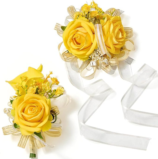 Serwalin Yellow Prom Corsage and Boutonniere Set, Artificial Calla Lily & Rose Wrist Corsage Wristlet for Homecoming, Formal Dance, Wedding Flowers Accessories Party Suit Decorations