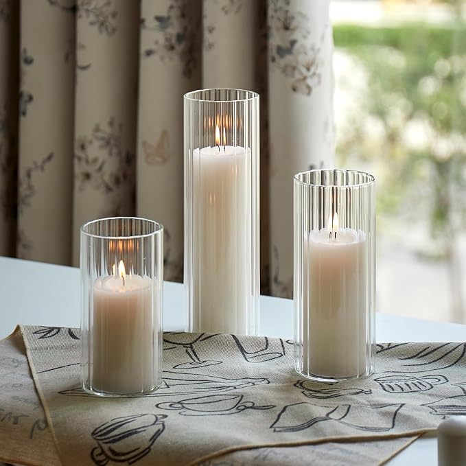 Set of 6 White Pillar Candles with Clear Glass Hurricane Holders- Elegant Cylinder Candle Vases for Weddings, Parties, Centerpieces, Home & Office Decor (White, 6 Set-Vase)