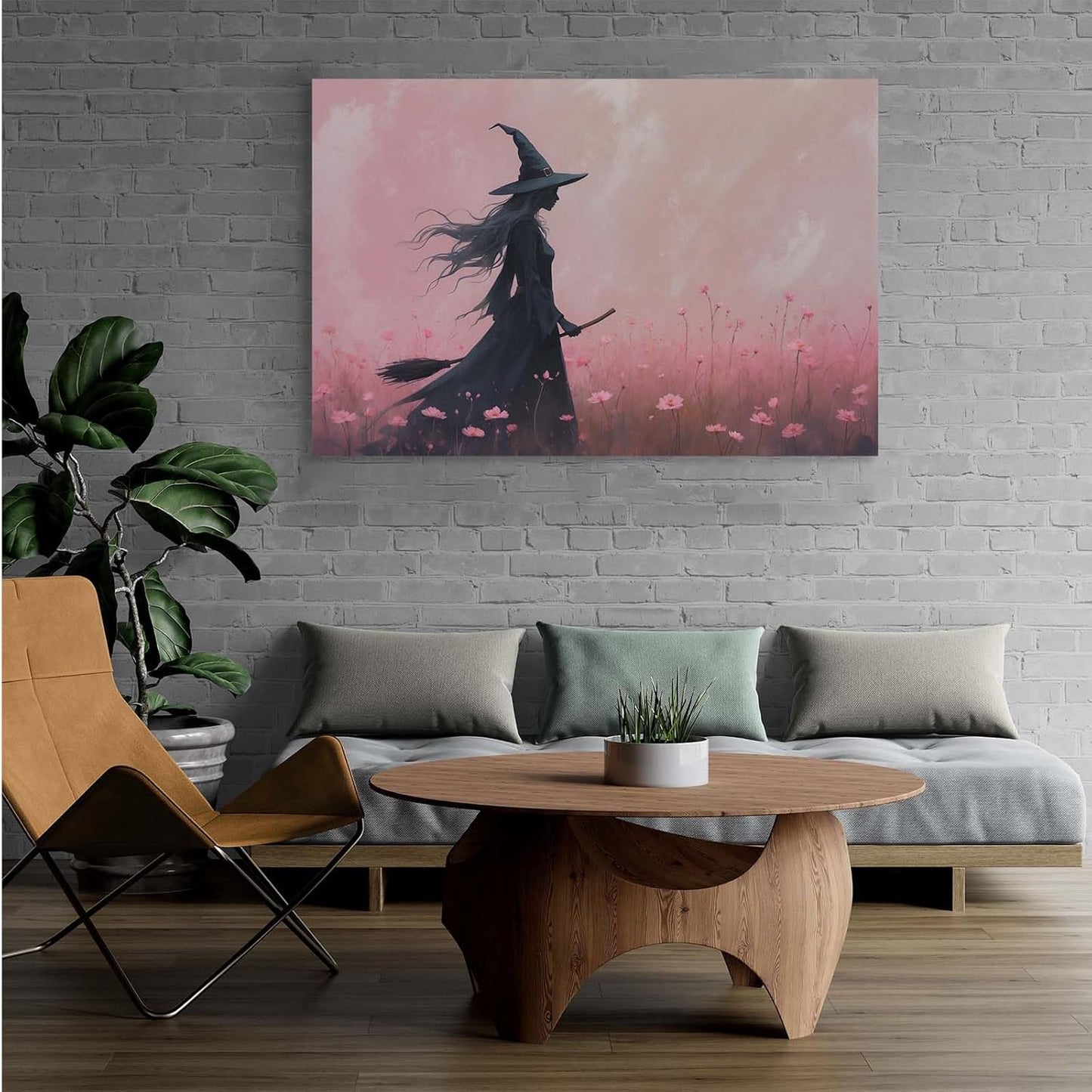 Witch in the pink sea of flowers Halloween prints weird flowers wall art silhouette painting fashionable romantic decoration suitable for bedroom16x24in Wood Framed
