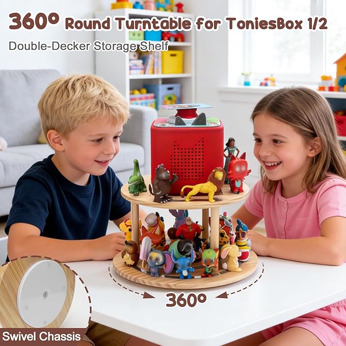 360° Rotating Storage Shelf for Toniebox1/2, 2-Tier Organizer Holder for 20~30 Tonies Figures, Wooden Magnetic Stand Display for Tonie Box Characters Tonieplay Game Controller