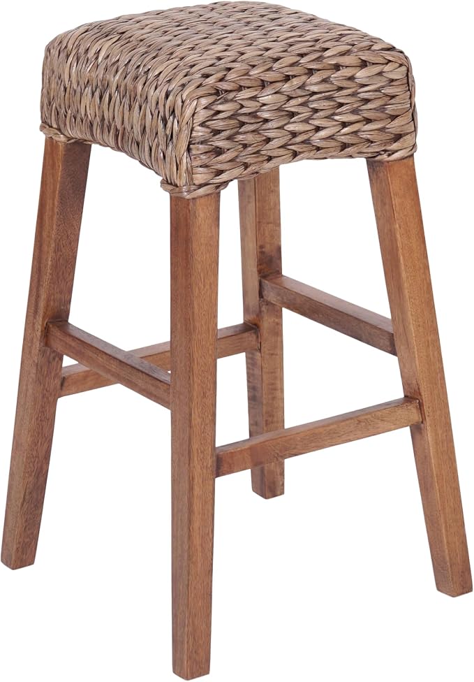 JONATHAN Y Maui Coastal Woven Water Hyacinth Bar Stool, Mango Wood Frame, 30" Backless Barstool for Kitchen Island with Integrated Footrest, Fully Assembled, Coastal, Brown Wash BSL1101A