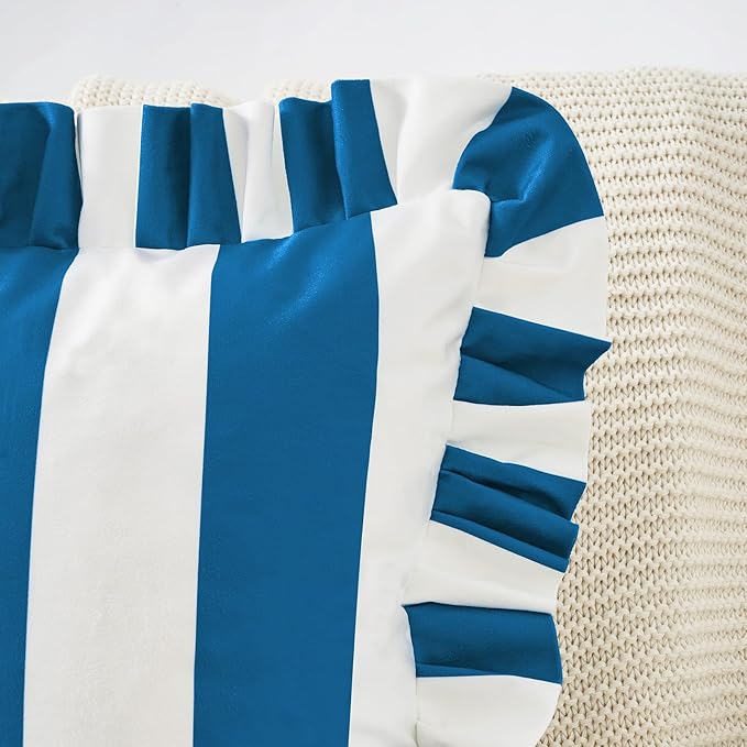 MONDAY MOOSE Decorative Throw Pillow Covers, Set of 2 Water-Resistant Striped Design with Ruffle Edge for Outdoor/Indoor Use, Pillow Inserts Not Included (20x20 inch, White/Blue)