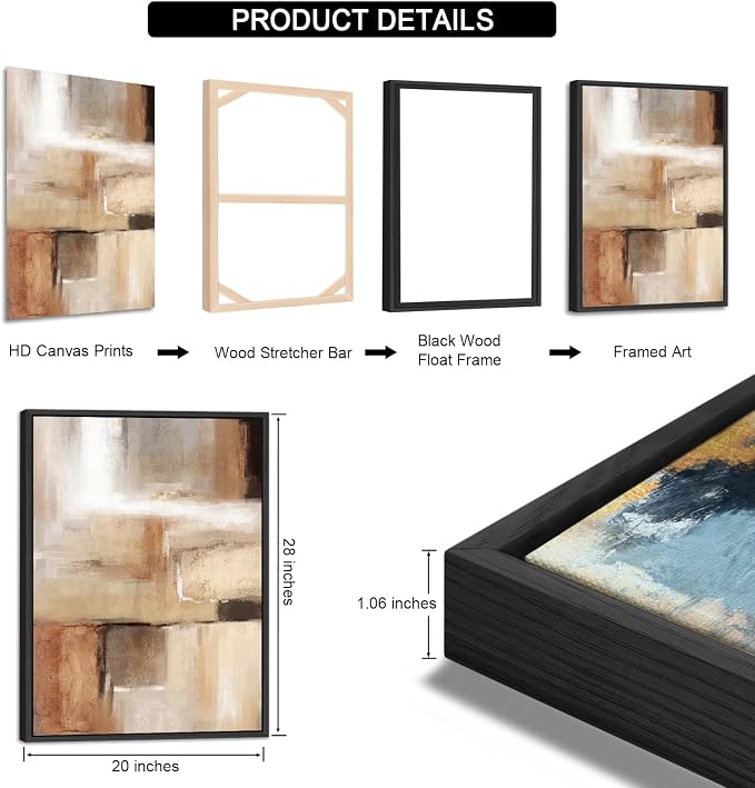 ASDCEUTICALS Large Canvas Wall Art - Brown and Beige Abstract Pictures for Living Room Vintage Wall Decor Retro Rustic Paintings Black Float Framed for Bedroom Dinning Room 20" X 28" X 3 pcs