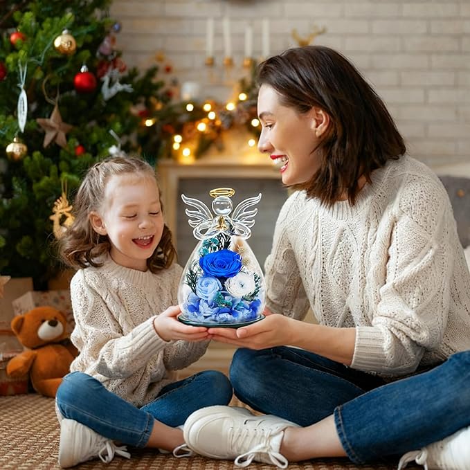 Blue Preserved Rose Angel Figurine, Get Well Soon Gifts for Women, Christian Sympathy Memorial Decor, Healing Real Flower Present for Her