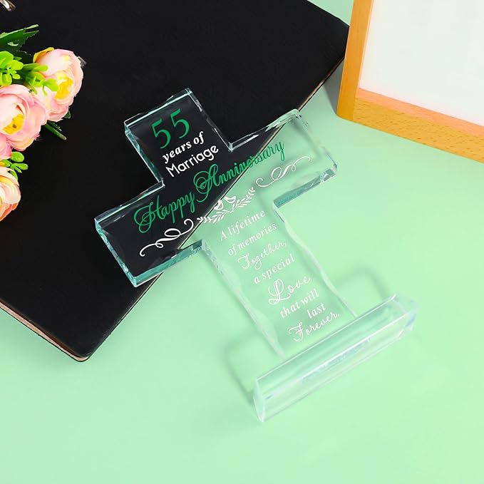 YWHL 55th Wedding Anniversary Glass Cross Gifts for Women Men, 55 Year Anniversary Religious Gift for Couple, Laser Engraved 55 Years of Marriage Party Decoration